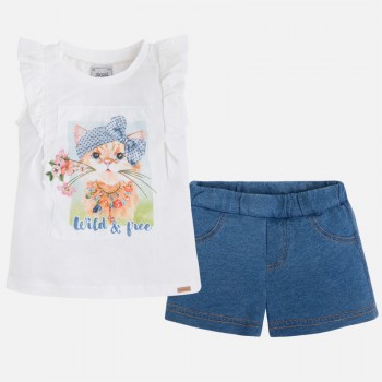 Комплект для девочки : футболка, шорты (котик),Mayoral